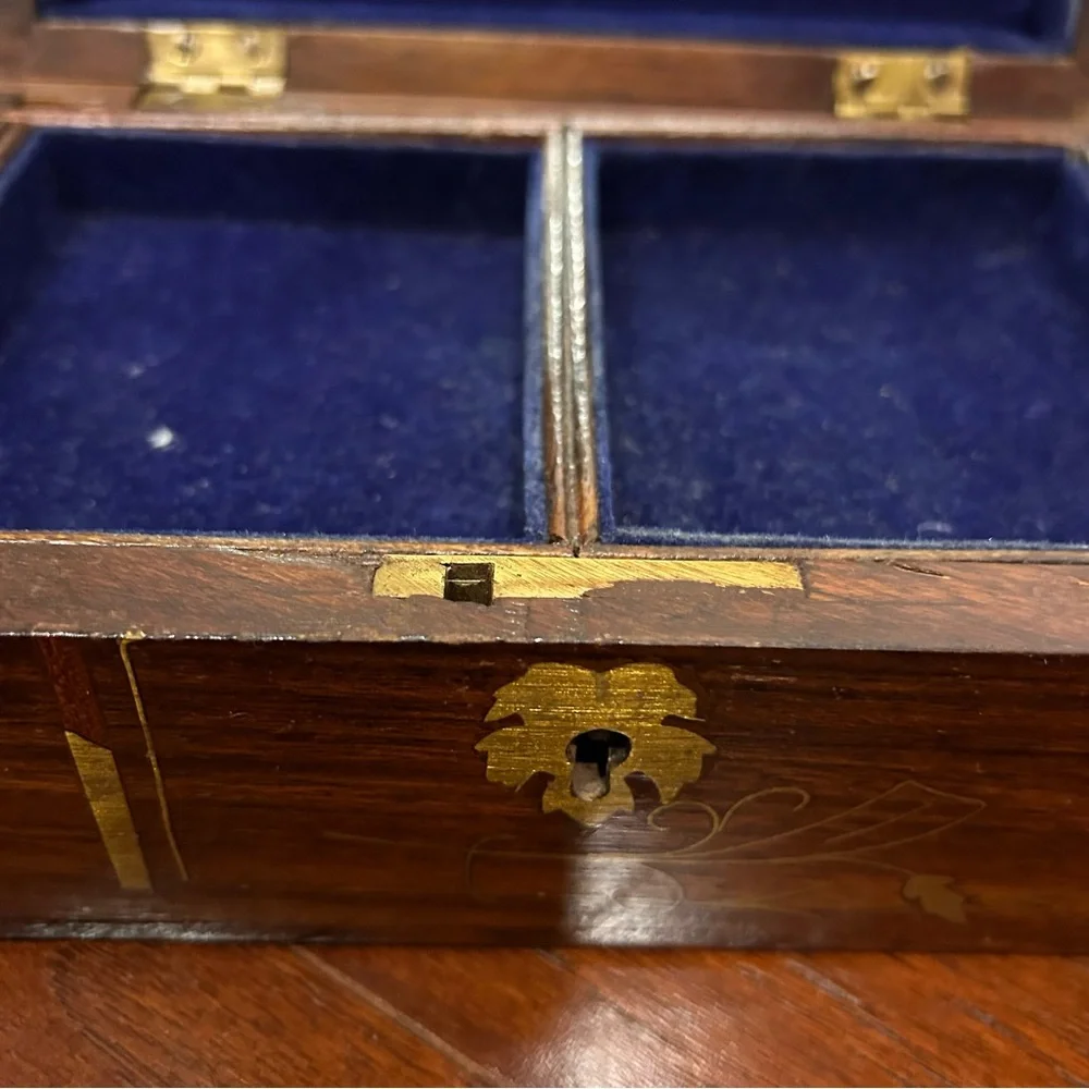 Vintage Rosewood Brass Inlay Divided Jewelry Box SAIMA Blue Velvet 2 Tiers